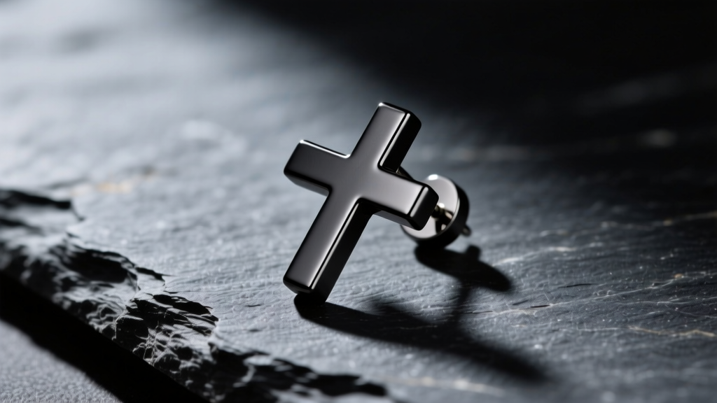 Close-up of a matte black titanium cross earring resting on a textured dark slate surface, illuminated by dramatic side lighting.
