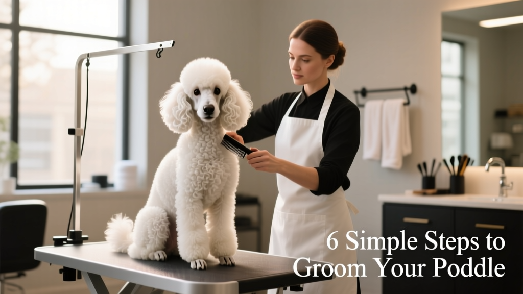 Grooming a little dog in a hair salon for dogs. Beautiful white poodle