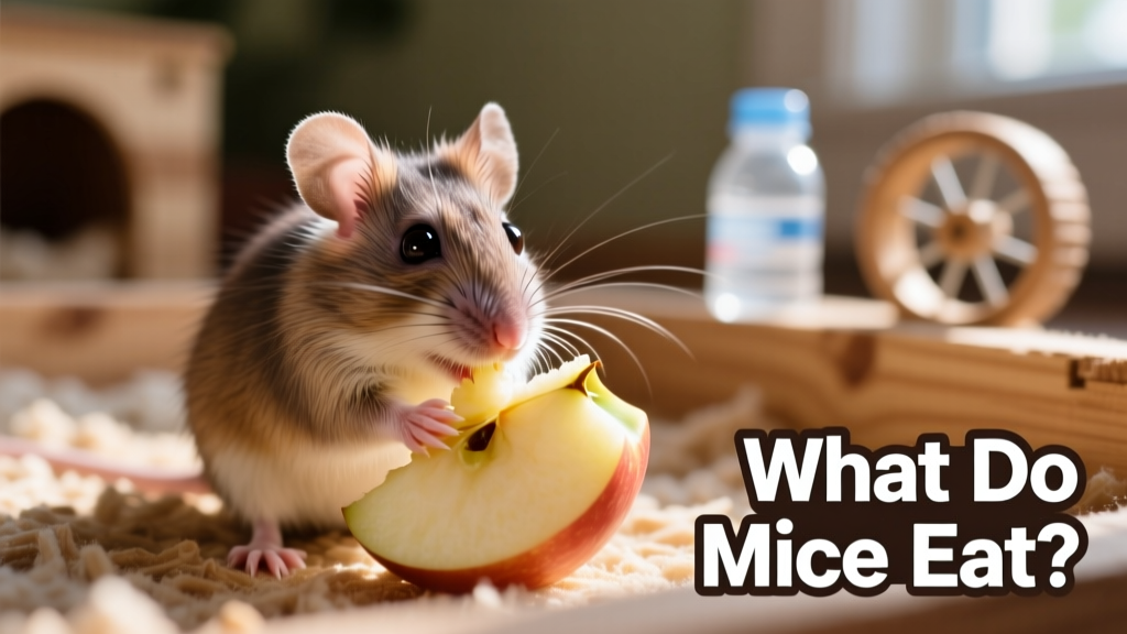 Close-up of a healthy pet mouse nibbling a small piece of apple