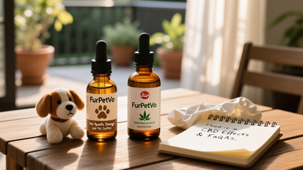 Side-by-side comparison: a FurPetVo pet CBD tincture bottle next to a human CBD bottle, with clear labels highlighting pet-specific dosing and zero-THC certification