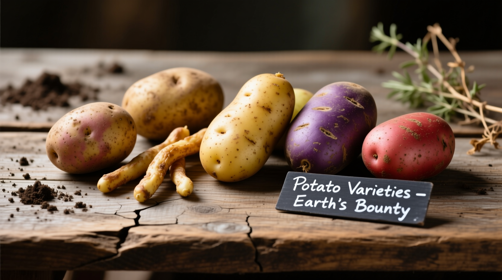 Various potato types on wooden table
