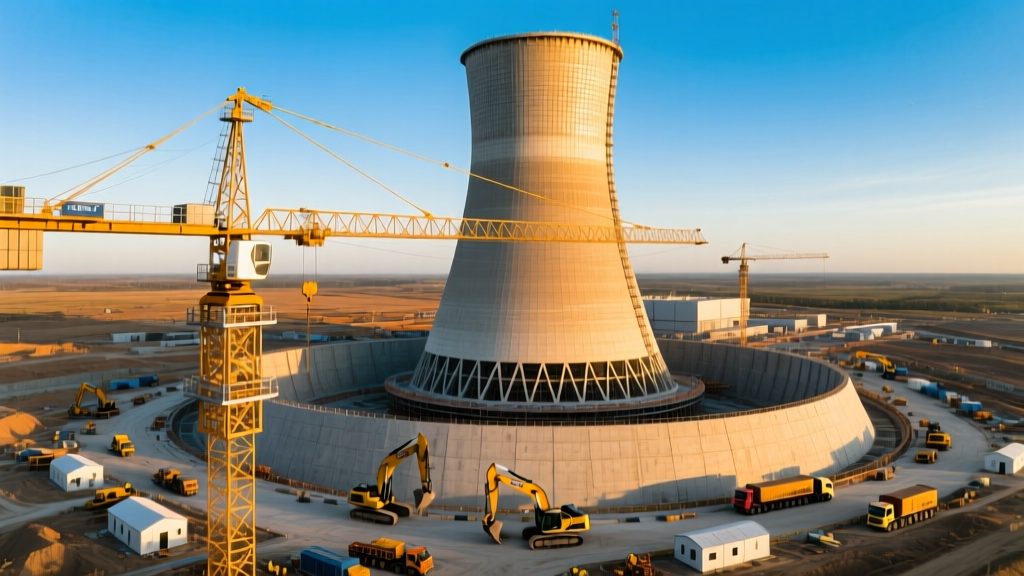 Aerial view of a massive Gen III+ nuclear reactor cooling tower construction site with heavy cranes and reinforced concrete containment dome