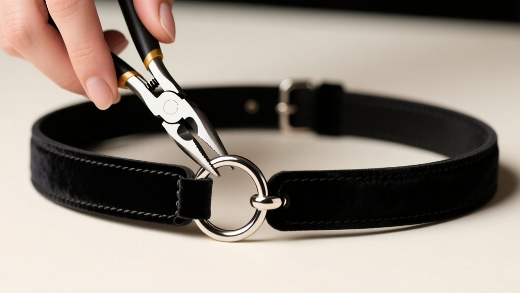 Hands using flat-nose pliers to attach a 14-gauge stainless steel split ring to a black leather and velvet alt choker band.