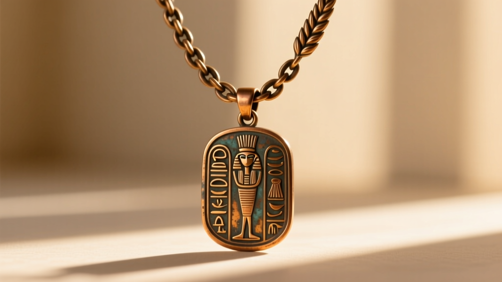 Oxidized bronze wheat chain holding a heavy custom cartouche hieroglyphics pendant, photographed against warm afternoon sunlight