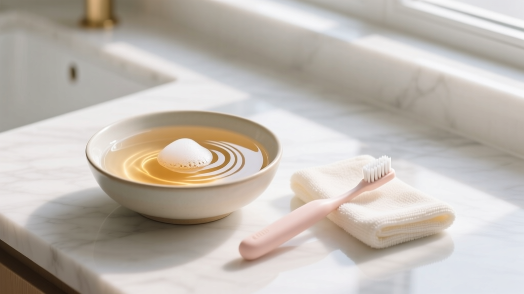 Bowl of warm distilled water with mild soap next to a soft baby toothbrush and microfiber cloth on a bright marble countertop.