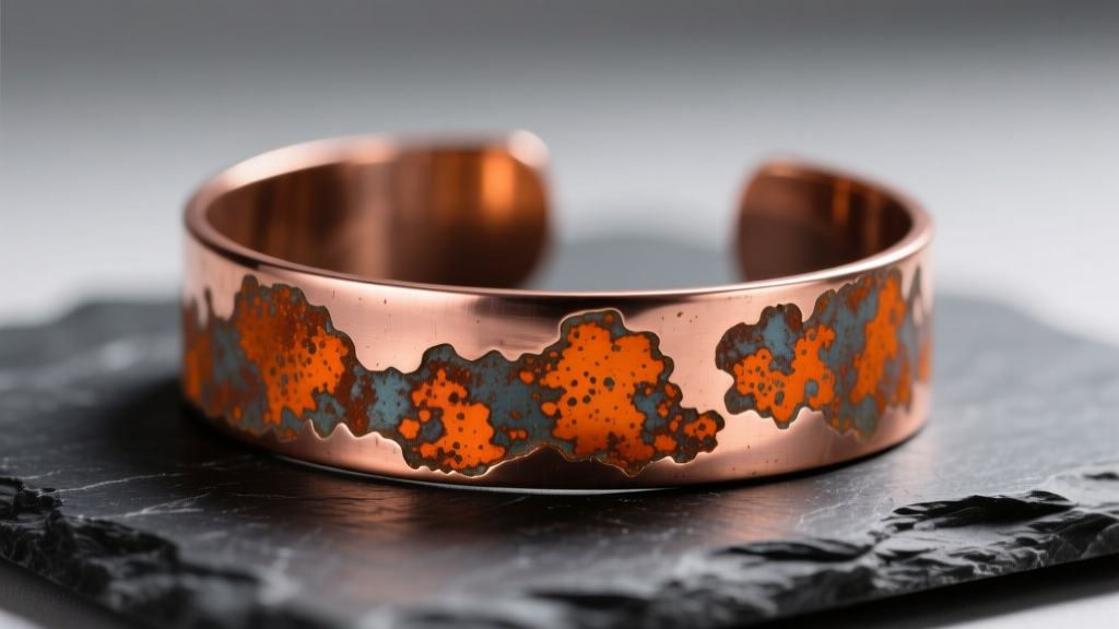 Macro shot of a raw copper cuff bracelet on dark slate, showing vibrant orange oxidation patches under warm studio lighting