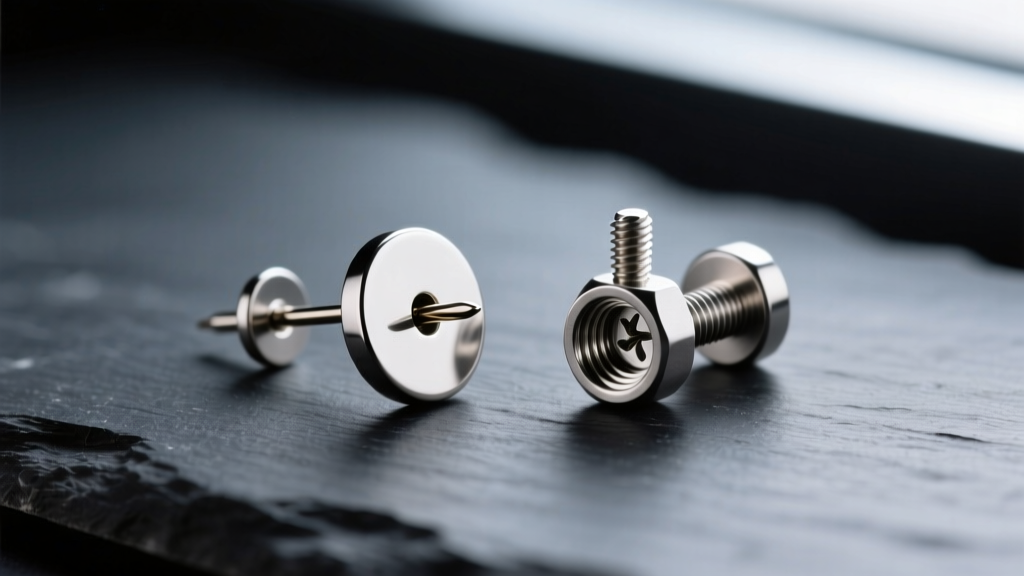 Macro comparison of a threadless push-pin flat back earring and an internally threaded labret stud resting on dark slate