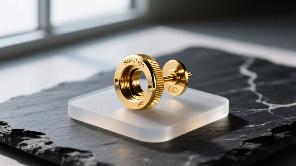 Close-up macro shot of a gold-plated earring converter mechanism with a clear silicone comfort pad, resting on dark slate.