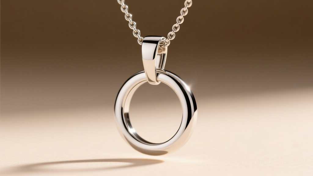 Macro shot of a silver circle necklace pendant bail on a 1.2mm rolo chain, highlighting polished metal texture and a secure clasp.