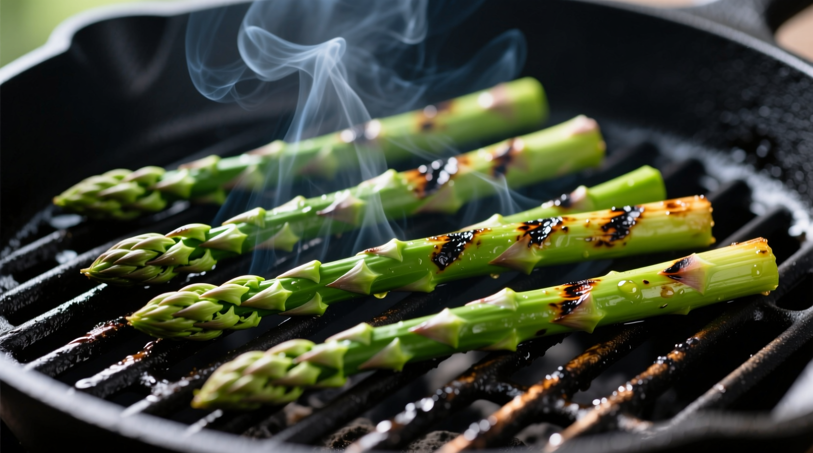 Grilled asparagus with char marks on black grill