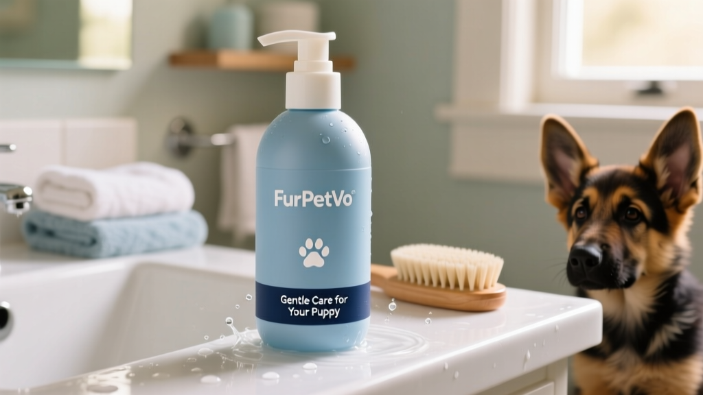 Close-up of FurPetVo puppy shampoo bottle with soft blue packaging on a clean bathroom counter