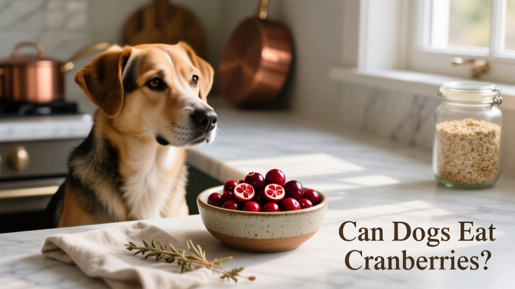 A dog sitting calmly beside a small bowl of fresh, halved cranberries on a clean kitchen counter