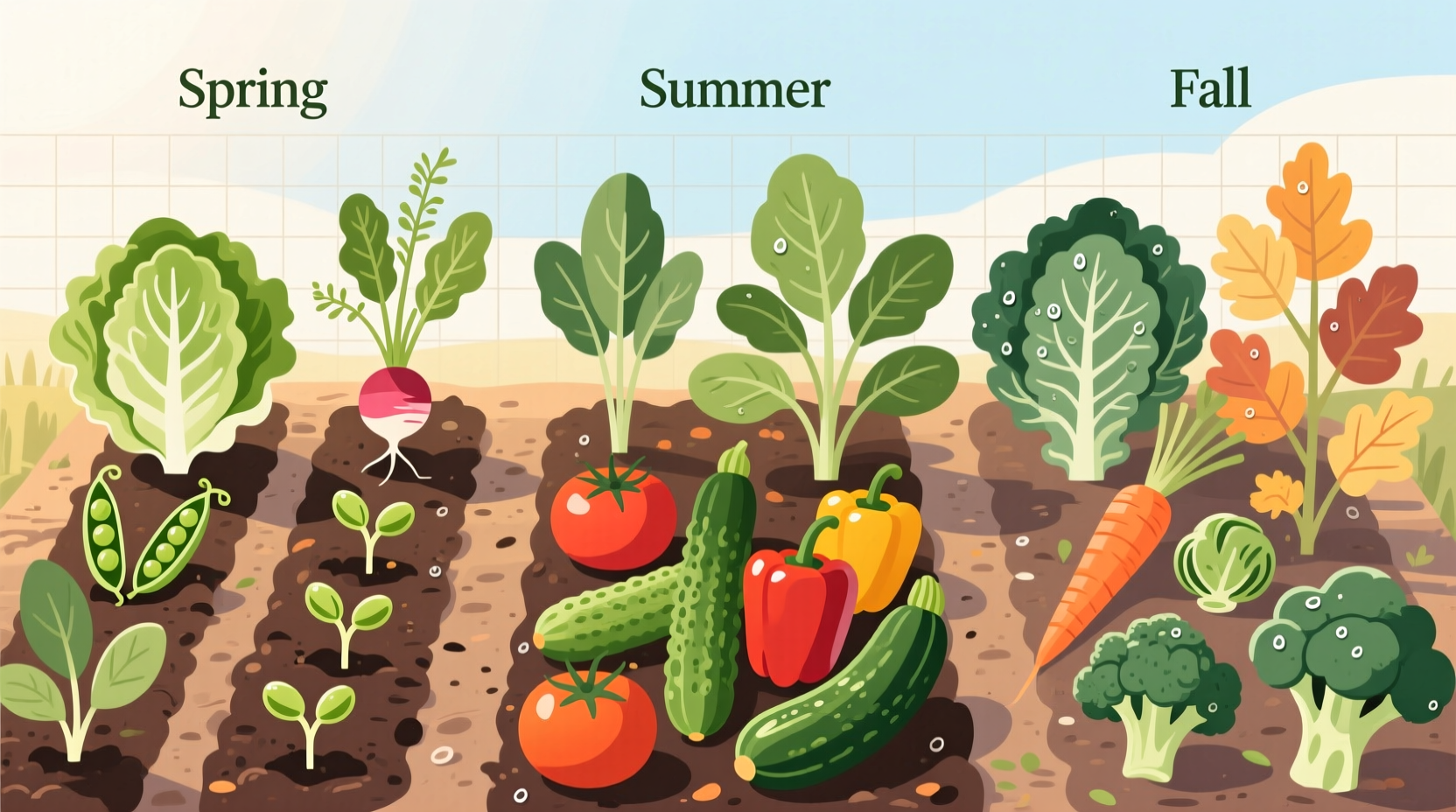 Seasonal crop planting chart showing spring, summer, and fall vegetables