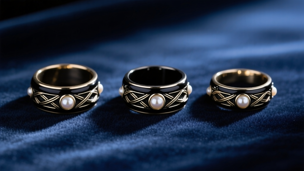 Flat lay of three Victorian mourning rings with black enamel bands, woven hair compartments, and seed pearl accents on velvet.