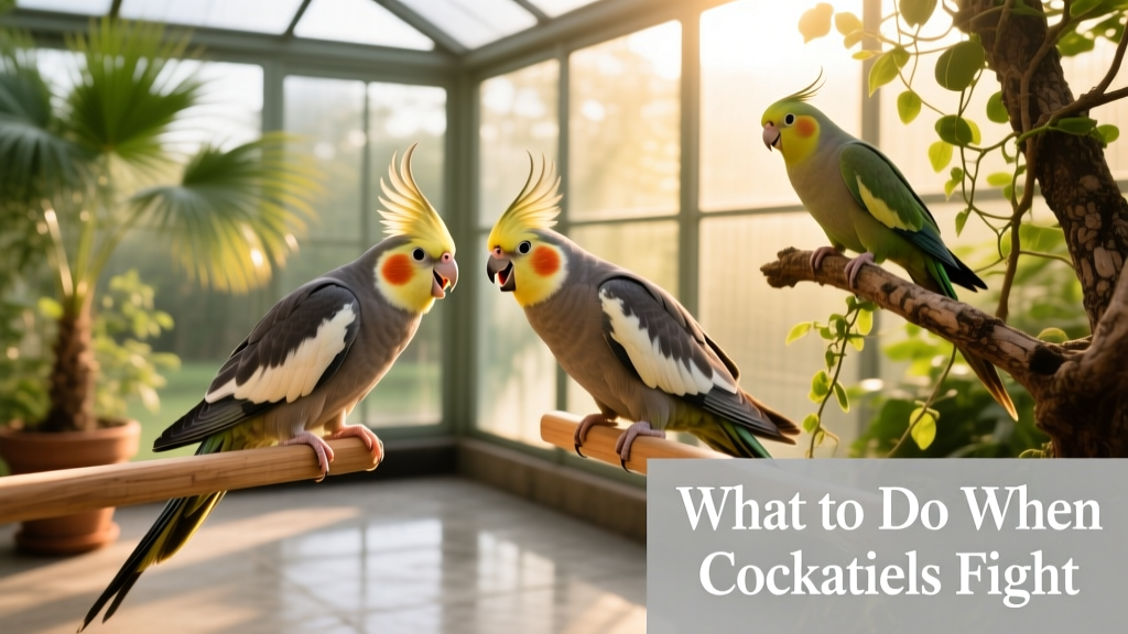 Two male cockatiels squaring off in an aviary, with a third bird visible nearby