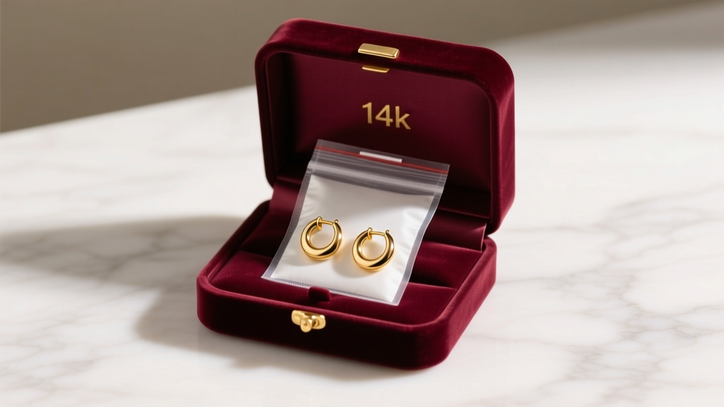 Open velvet gift box on marble showing 14k gold huggie earrings inside a sealed medical sterile pouch under soft warm lighting.