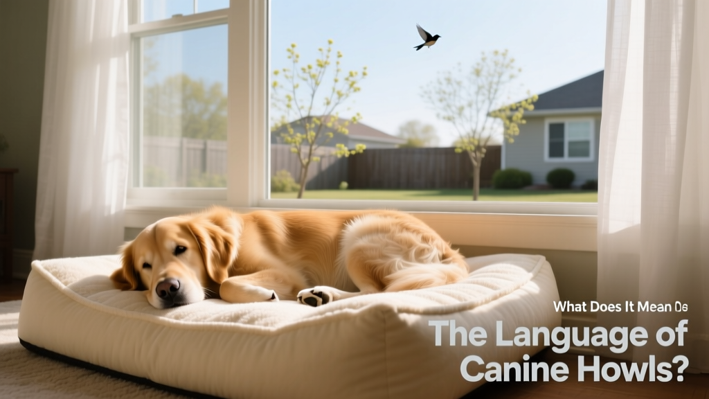 A relaxed dog resting on a cozy dog bed beside a window, bathed in soft morning light