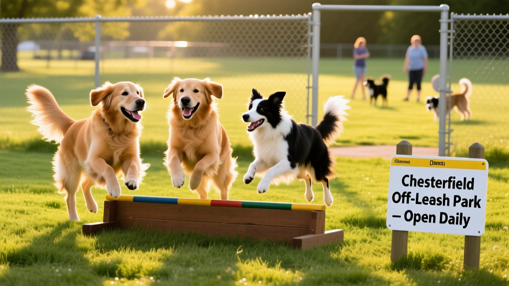 Happy dogs playing together in a sunny, grassy off-leash area with visible fencing and a small agility obstacle