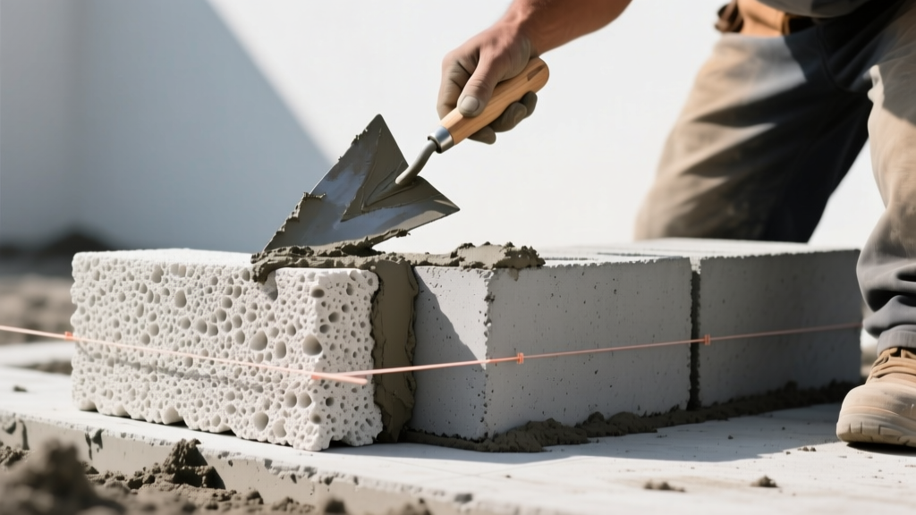 Mason troweling mortar on lightweight pumice masonry units next to standard weight gray concrete blocks on a foundation