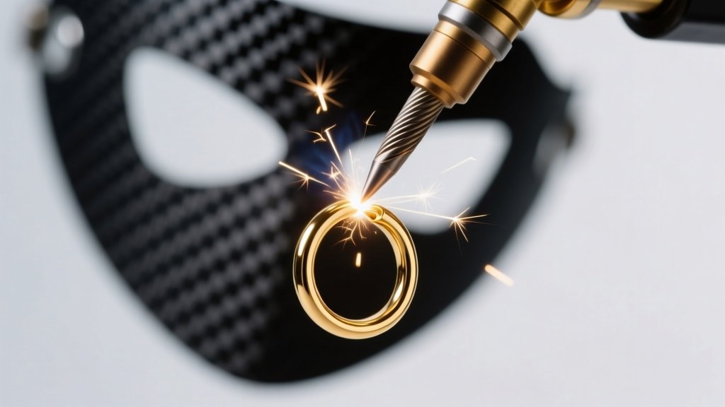 Macro shot of a pulse arc welder electrode touching a fine gold jump ring, with a dark mask in the softly blurred background.