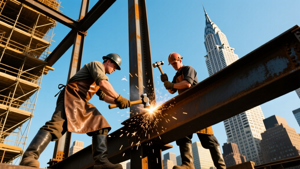 Dramatic low-angle view of 1930s steelworkers riveting massive iron girders high above the New York City skyline during skyscraper construction