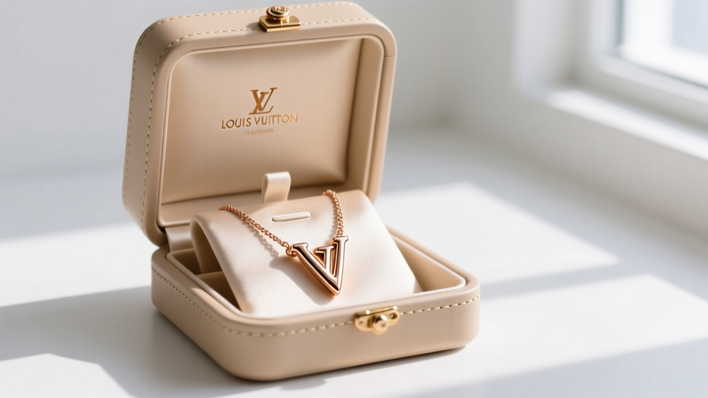 Open Louis Vuitton beige jewelry box showing a neatly coiled rose gold V pendant necklace stored safely away from direct sunlight.