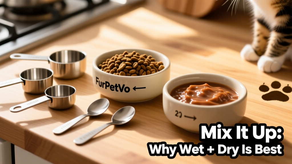 A measuring cup and spoon beside bowls of FurPetVo dry kibble and wet food, illustrating portion control