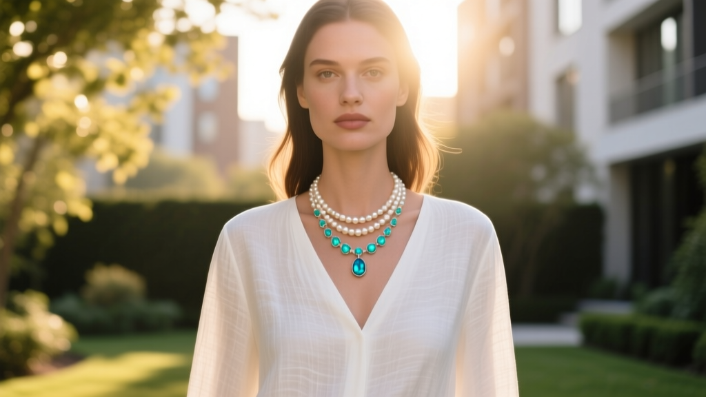 Woman wearing V-neck white linen blouse with layered aquamarine and freshwater pearl pendant necklace, outdoor golden hour lighting