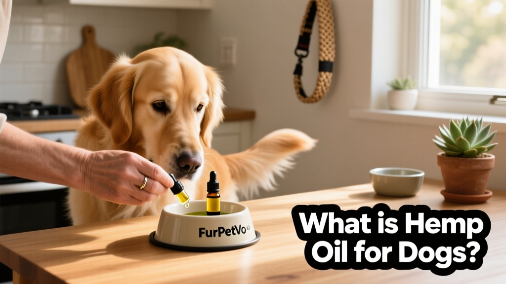 Close-up of a dog owner gently administering FurPetVo hemp oil drops onto their dog's food bowl