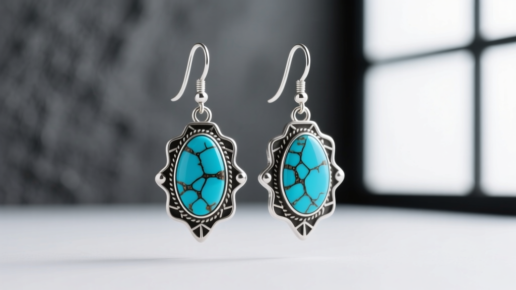 Sterling silver western dangle earrings with vibrant blue turquoise stones and dark matrix webbing on dark leather.
