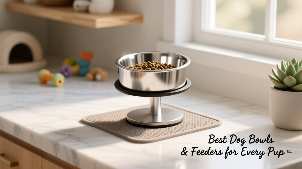 A clean, modern setup with stainless steel dog bowl, elevated stand, and slow feeder mat on a non-slip mat