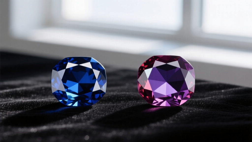 Gemological comparison of a deep blue Ceylon sapphire and a pleochroic tanzanite stone resting on a black velvet jeweler's pad