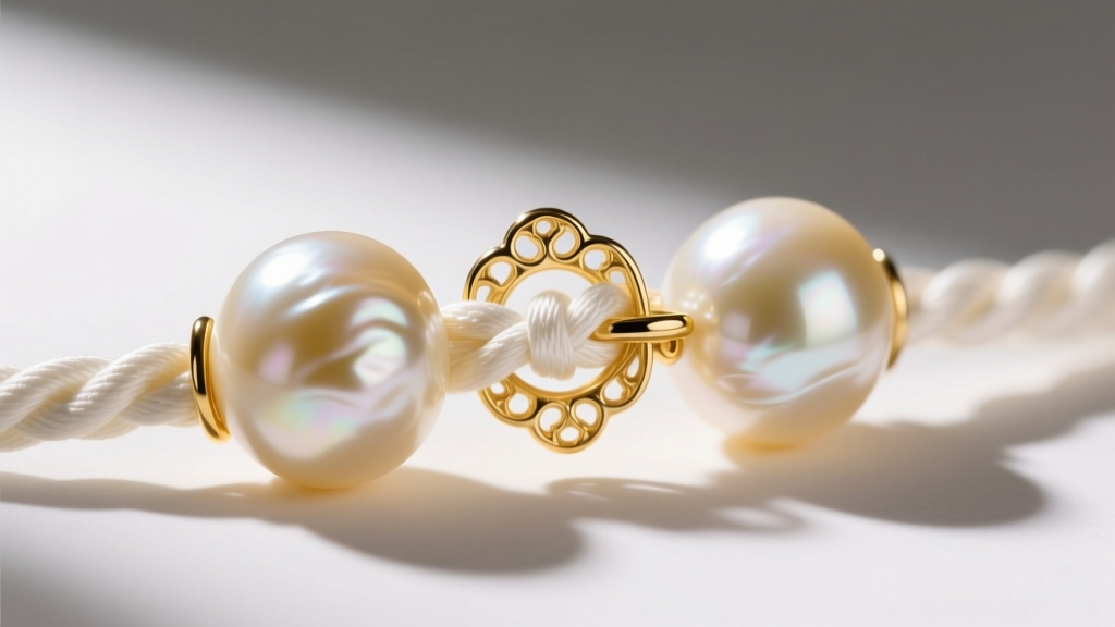 Close-up of a 14k yellow gold clasp securing a knotted white silk thread between two large cream-colored baroque pearls