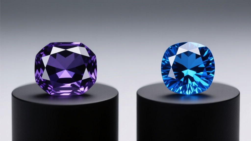 Side-by-side comparison of a deep violet-blue tanzanite gemstone and a vivid cornflower blue sapphire under soft studio lighting.