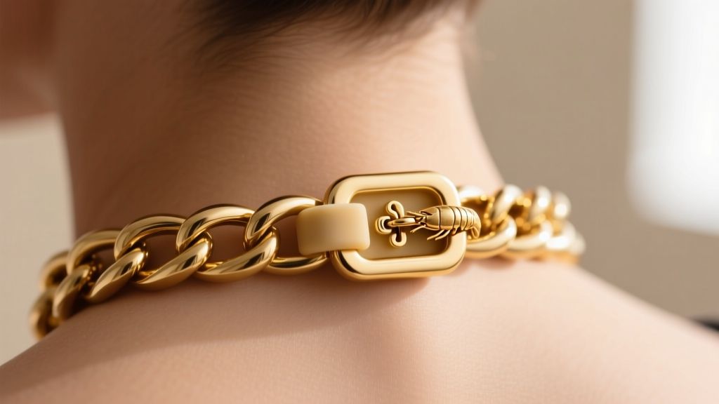 Macro shot of a gold chain showing a discreet silicone necklace clasp cover hiding a small lobster clasp at the nape.