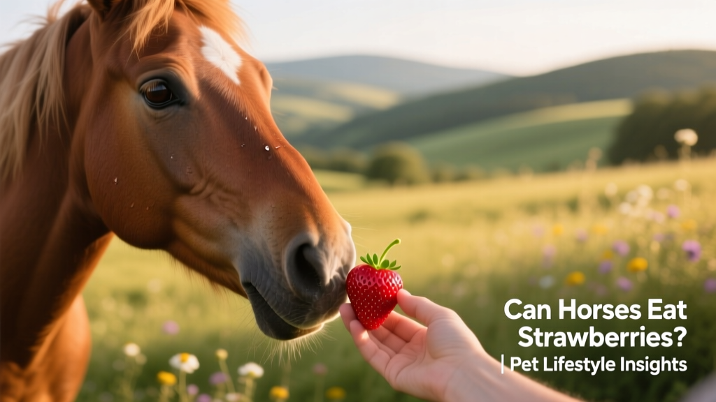 A horse gently eating a fresh, ripe strawberry from a handler's hand