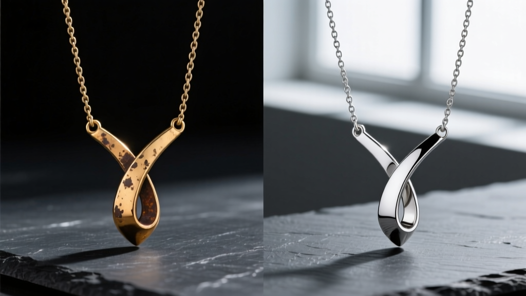 Side-by-side comparison of a tarnished brass lariat Y-drop next to a polished 316L surgical steel lariat necklace on dark slate.