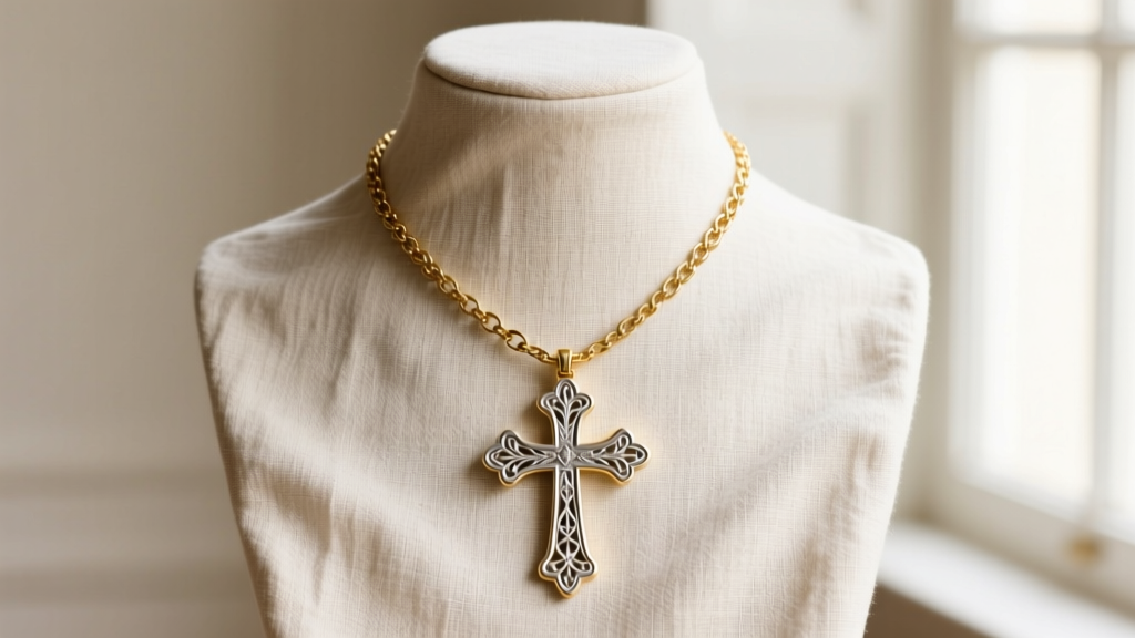 Side-by-side view of a 14k gold and platinum Huguenot cross necklace draped over a linen bust to show scale and chain thickness.