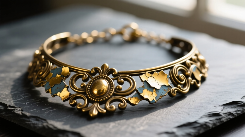 Close-up of a tarnished brass-based costume necklace with peeling gold flash plating, resting on a dark slate surface