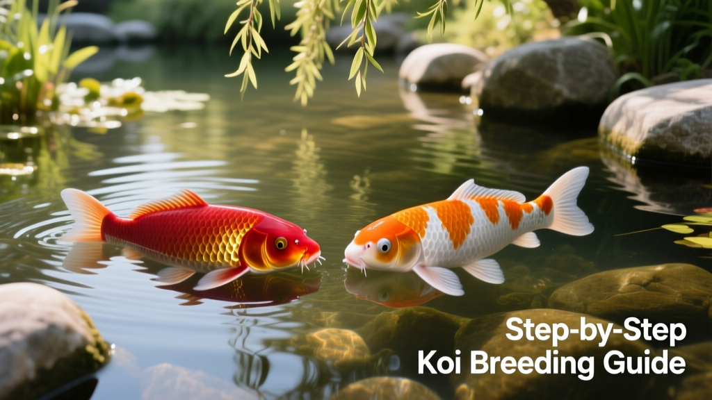 Two mature koi fish swimming side by side in a clear, well-maintained pond