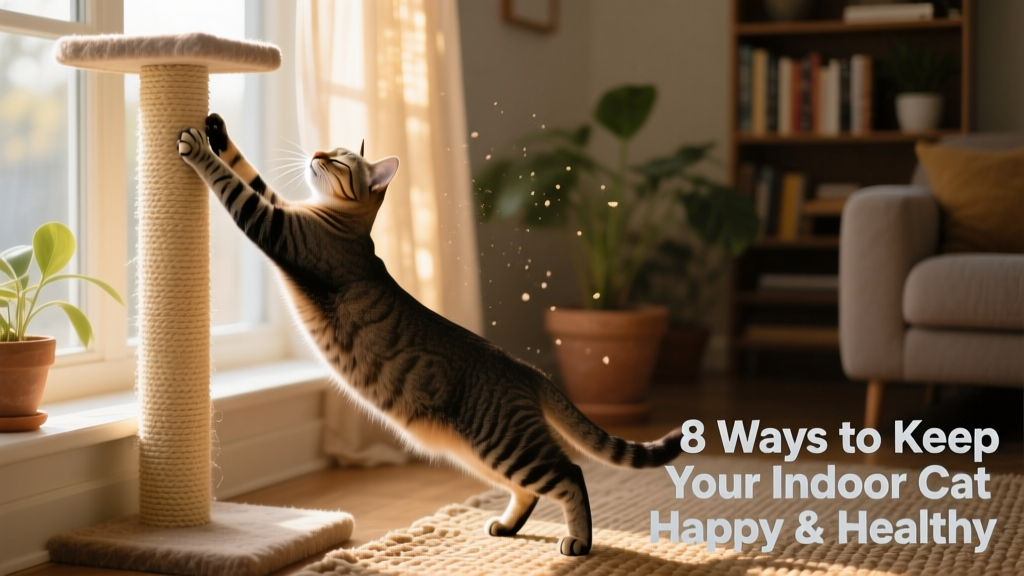 Cat stretching on a vertical sisal scratching post beside a window perch