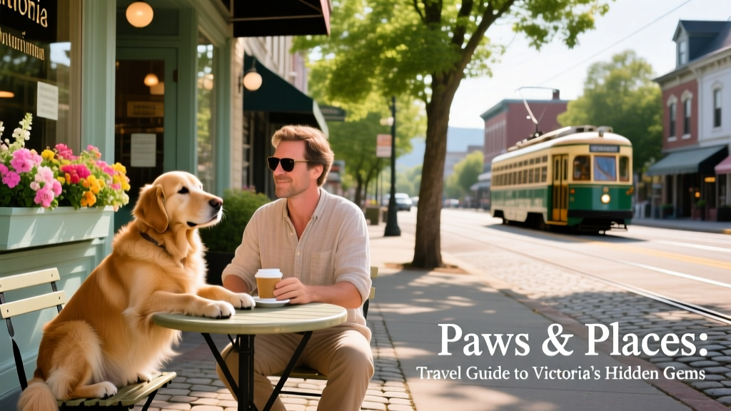 A relaxed dog sitting beside its owner at a sidewalk table outside a historic café in Victoria, BC, with floral storefronts and streetcar tracks in view