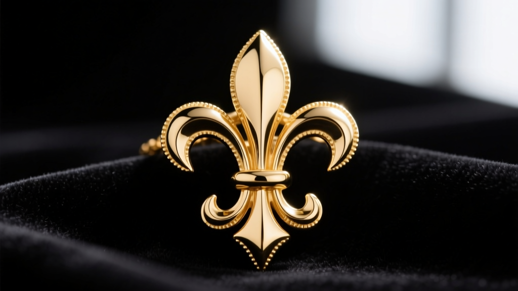 Macro shot of 18k gold fleur de lis pendant on dark velvet, highlighting the sharp relief of the three petals and central stamen
