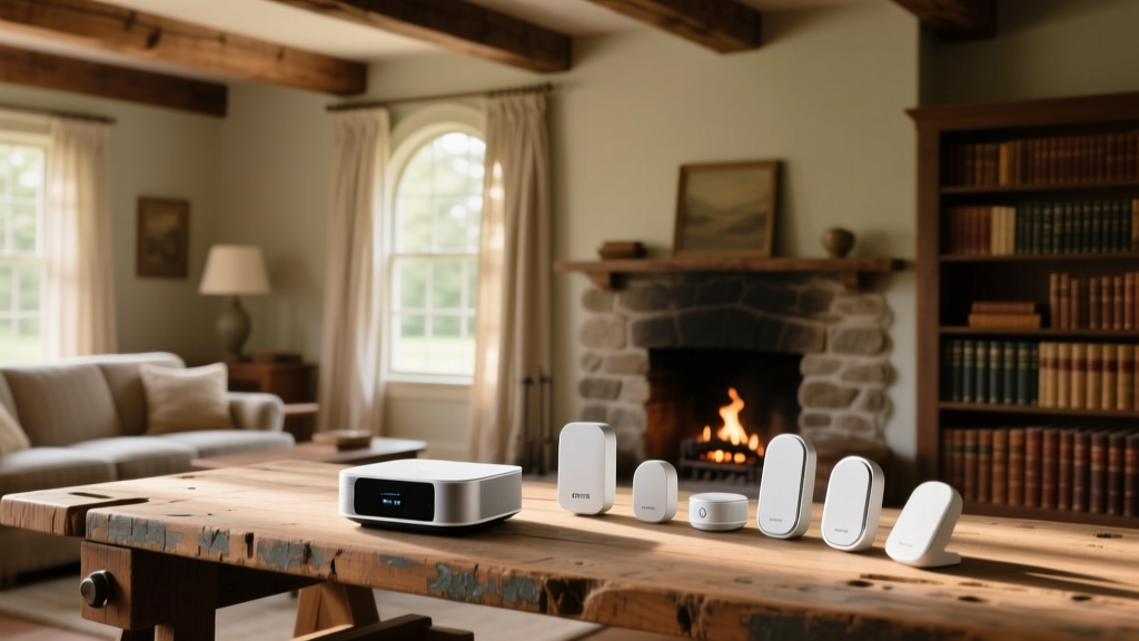 Smart home hub and sensors laid out on a rustic wooden workbench inside a vintage New England colonial home living room
