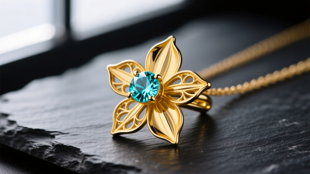 Close-up of an 18k yellow gold daffodil pendant with a central round aquamarine, resting on dark slate, macro lighting.