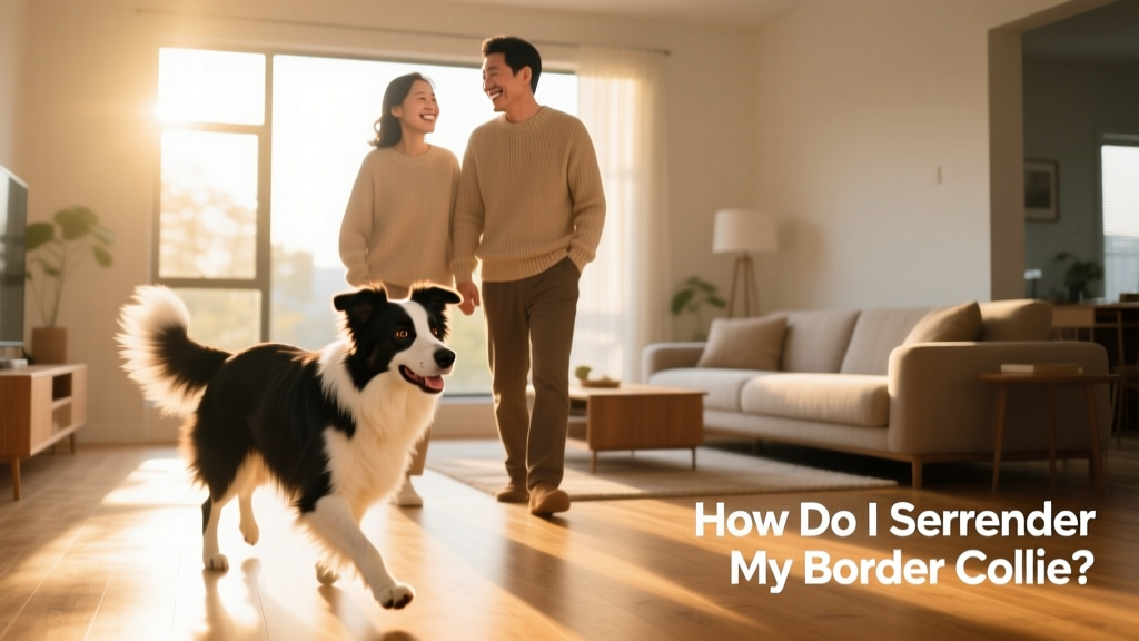 Two people smiling as they meet a friendly Border Collie in a sunlit living room