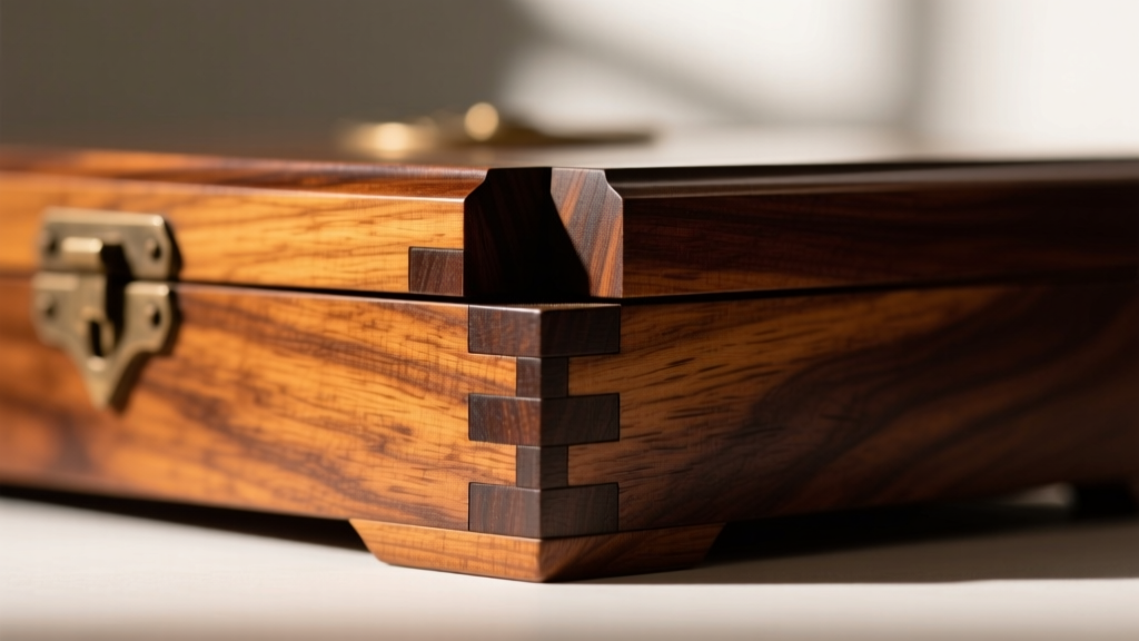 Macro shot of hand-cut asymmetrical dovetail joints on an 1890s mahogany jewelry box showing aged wood grain and soft patina
