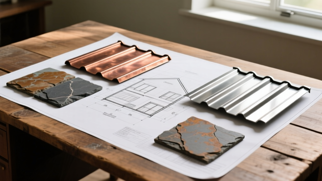 Natural slate tiles, copper flashing, and standing seam metal roofing samples arranged on an architectural blueprint on a wooden desk