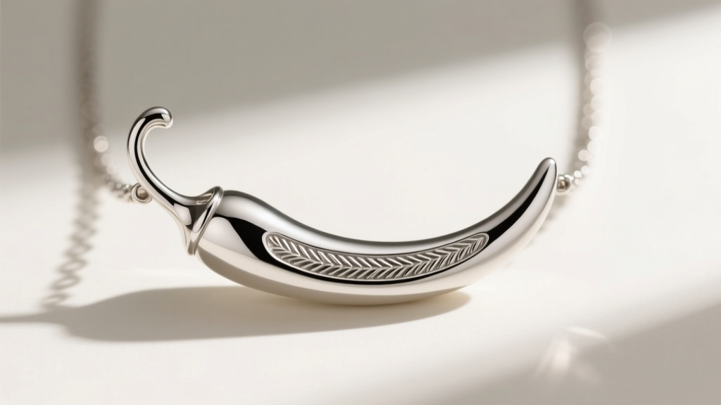 Macro shot of a sterling silver chili pepper necklace showing textured stem engraving and high-polish finish on the curved body.