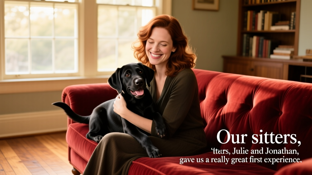 A woman sitting on a red sofa, cuddling with a black Labrador